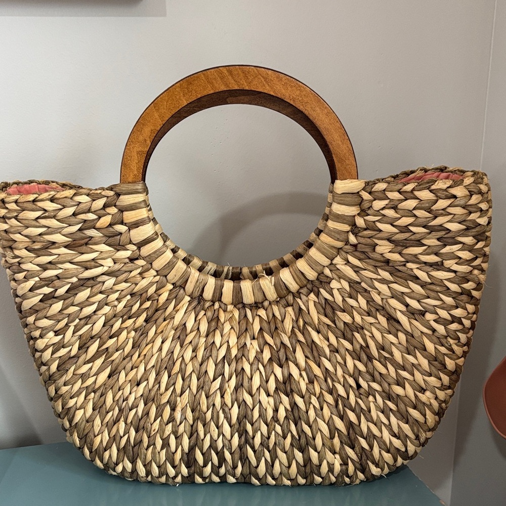 The Limited Two-Tone Woven Straw Beach Tote Bag with Wooden Handles